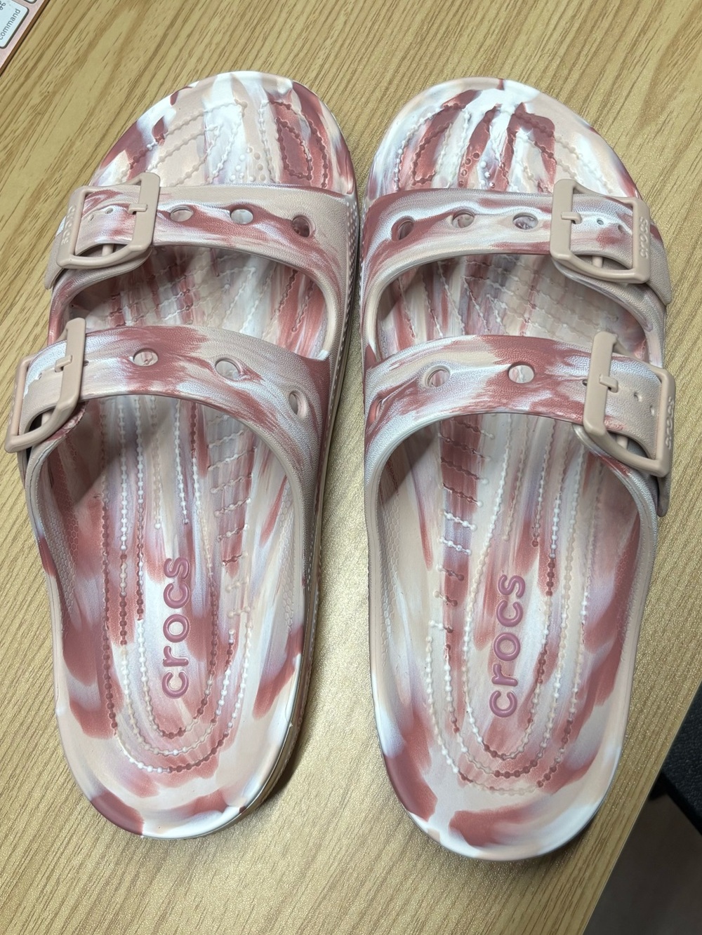CROCS Pink & White Marble Dual-Strap Slide Sandals